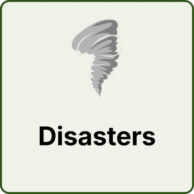 Prepping for Disasters - Totally Prepped Category tile labeled'Disasters' with a stylized tornado icon above the text on a pale background.