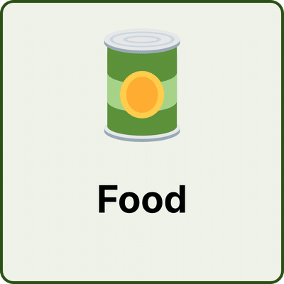 Prepper Food - Totally Prepped Canned food icon with a green label and a yellow emblem, and the word Food beneath it.
